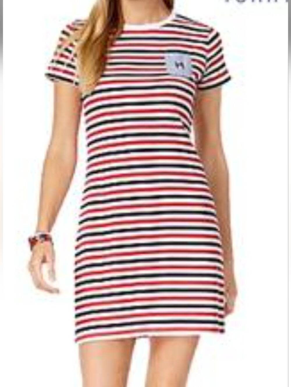 Tommy Hilfiger 100% Cotton Red White & Blue Striped T-Shirt Mini Dress, M